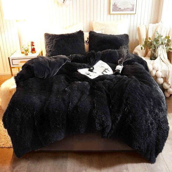 👑 Black Queen Faux Fur Comfy Plush Shaggy Duvet Cover Set Luxury Soft Velvet - Picture 2 of 6